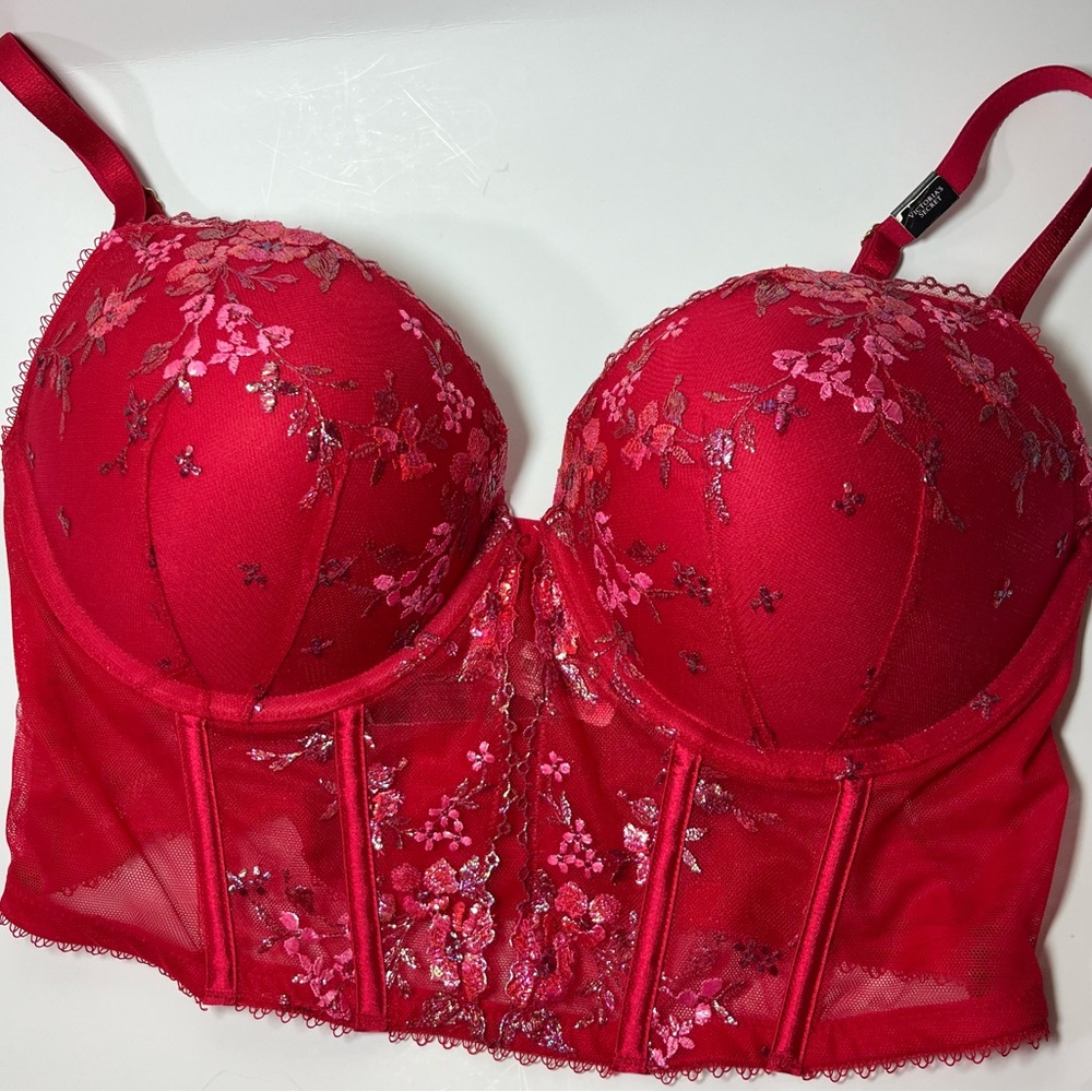 Victoria's Secret NWT Very Sexy Red Floral Embroidered Bustier -Push Up Bra 36D